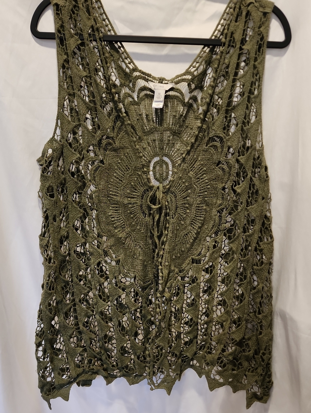 Est 1948 Olive Green Crochet Openwork Vest